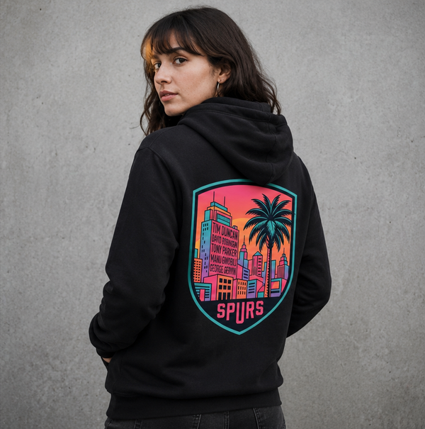 Black Spurs hoodie with San Antonio skyline and palm tree artwork