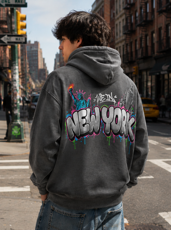 Grey We In New York hoodie with chrome lettering, back view