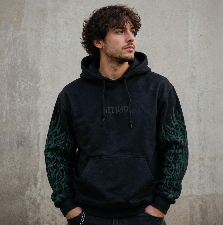 Black Angel Wings hoodie with green tribal wing tattoo sleeves