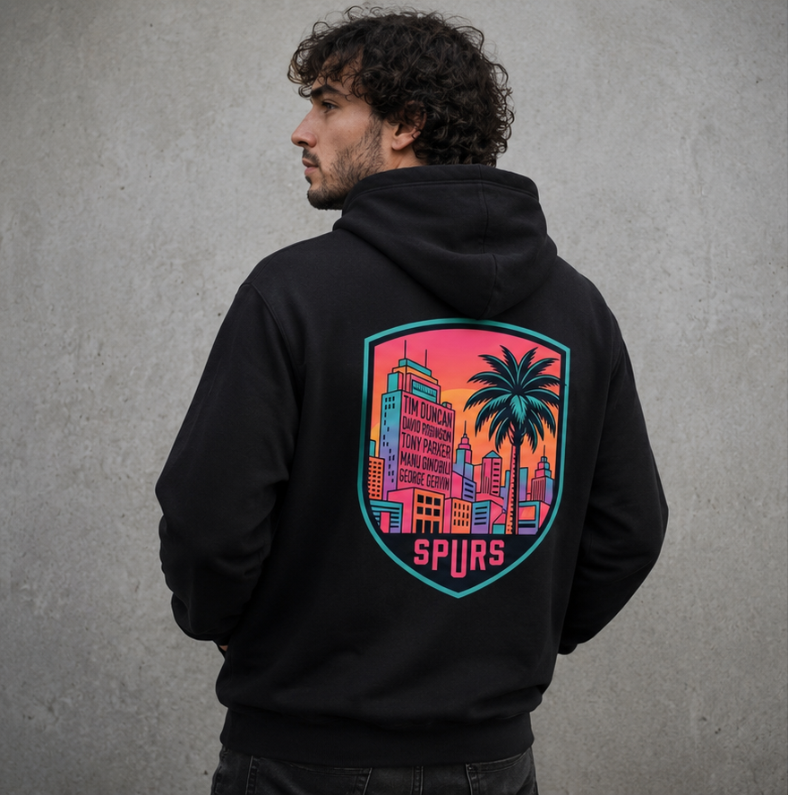 Black Spurs hoodie with neon sunset San Antonio crest graphic