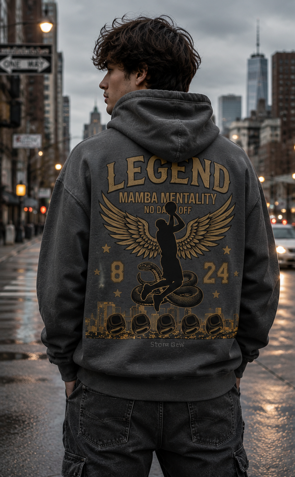 Grey Legend hoodie with comic-art basketball portrait graphic
