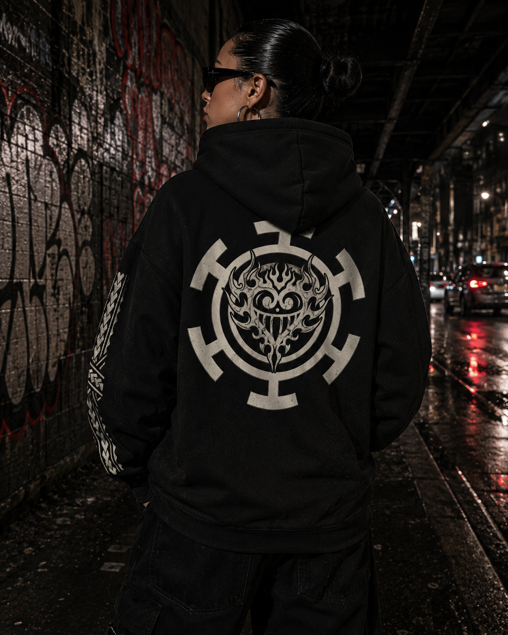 Black Jolly Roger hoodie with oversized off-white tribal crest back print