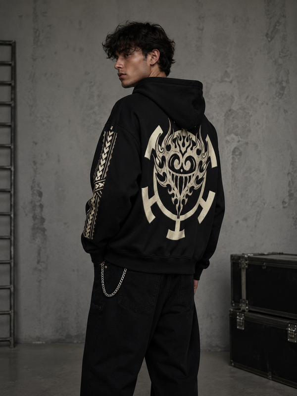 Black Jolly Roger hoodie with Polynesian-inspired sleeve band detail